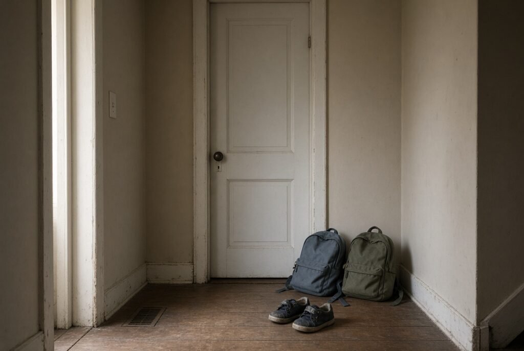 Two small backpacks and school shoes by a closed bedroom door, no children in the frame
