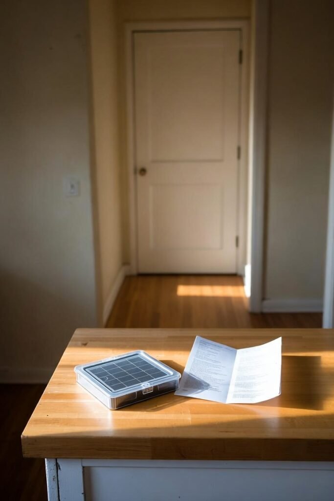 Closed bedroom door seen from a hallway, air sampling cassette and lab printout on a kitchen counter