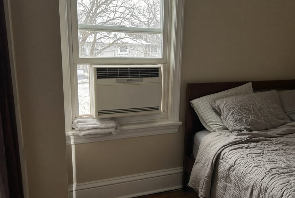 A bedroom window with an air conditioner unit left in place